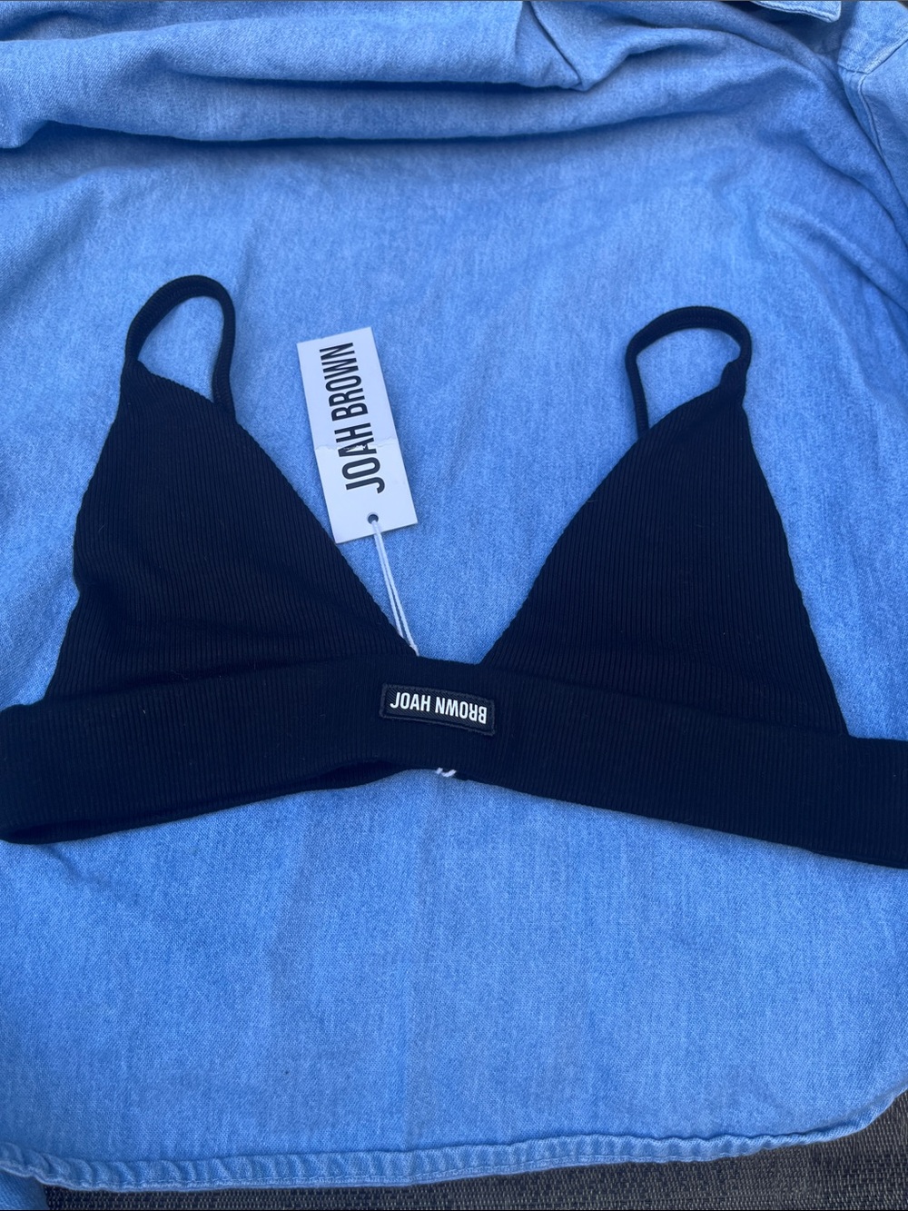 Joah Brown Black Ribbed Triangle Bralette with Thin Straps